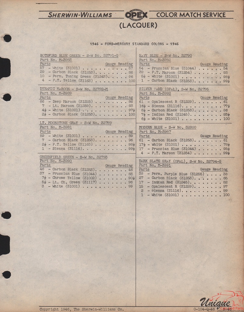 1946 Ford Paint Charts Sherwin-Williams 4